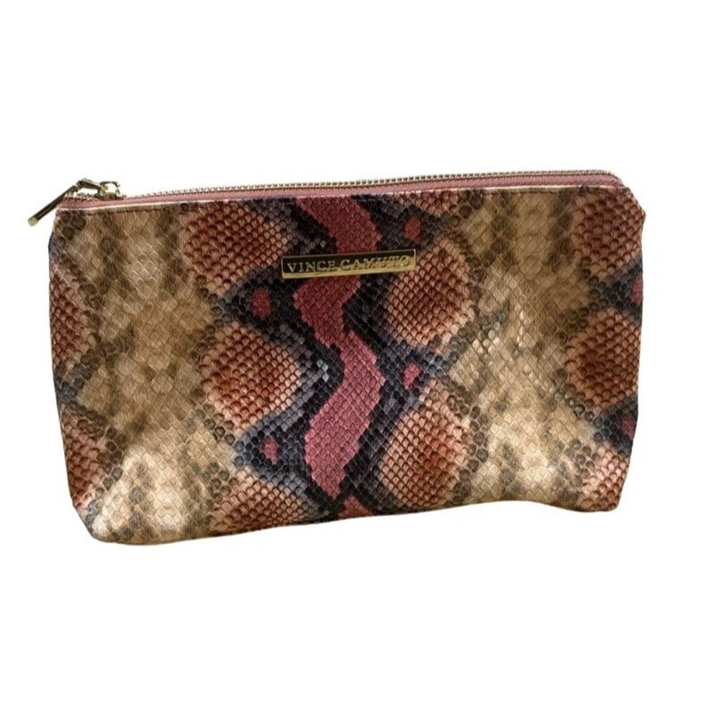 Vince Camuto Cosmetic Bag Pink Tan Snake Print Makeup Pouch Travel Toiletry Case
